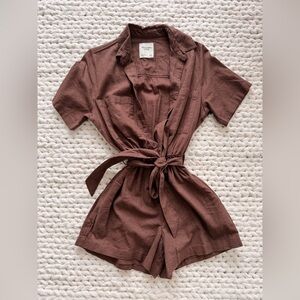 Aritzia Chestnut Brown Linen-Blend Tie-Waist Romper